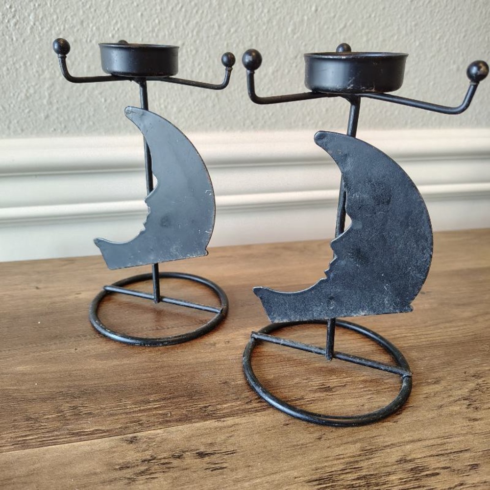 Vtg 90s Celestial Moon Metal Candle Holders Set Of 2 Black Aged Boho Witchy